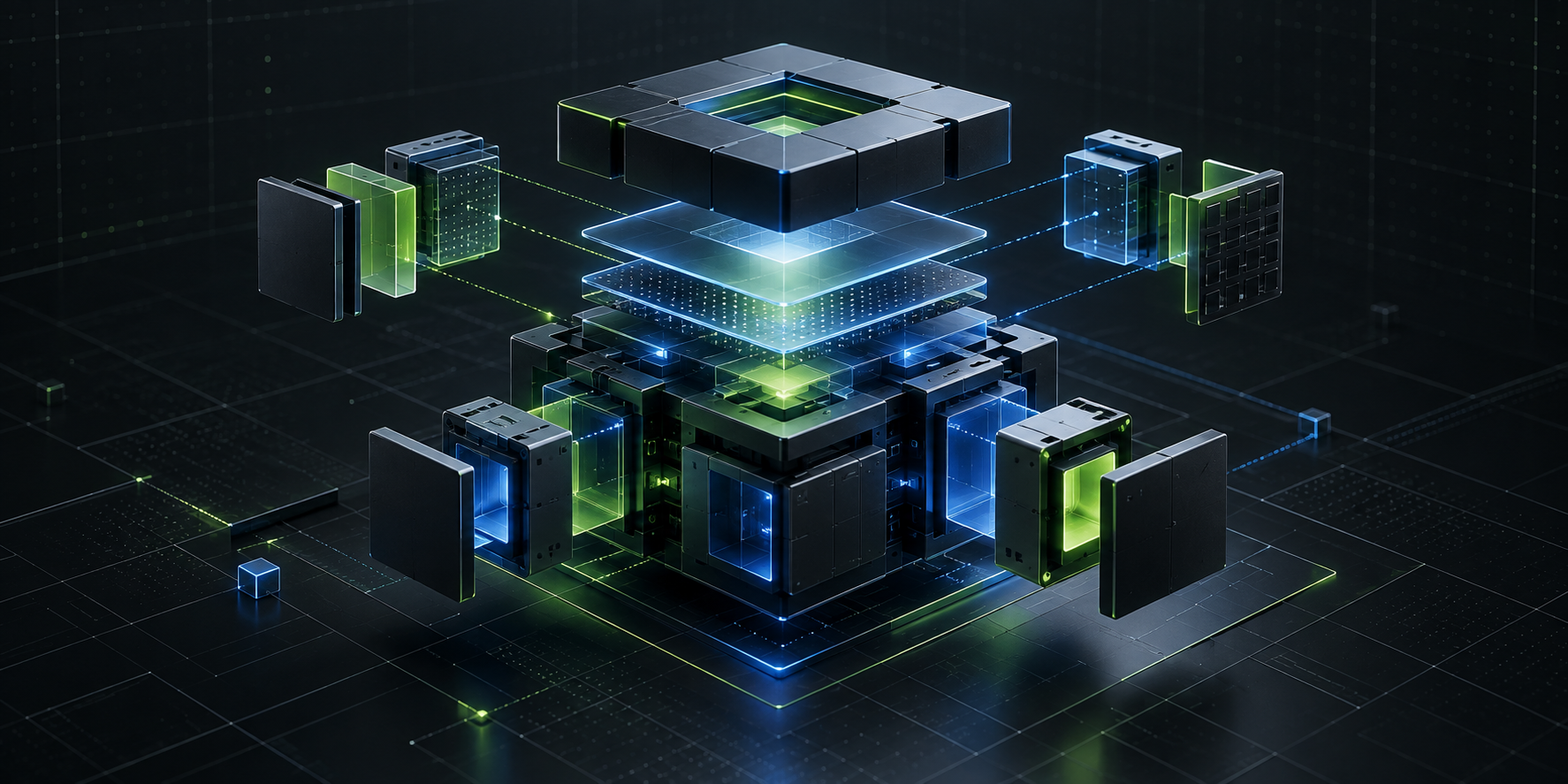 Abstract visual of modular custom software architecture assembling