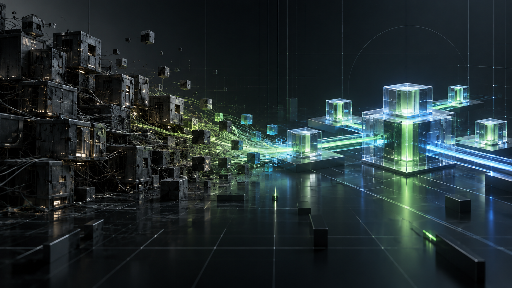 Abstract visual of fragmented systems resolving into a connected modern structure